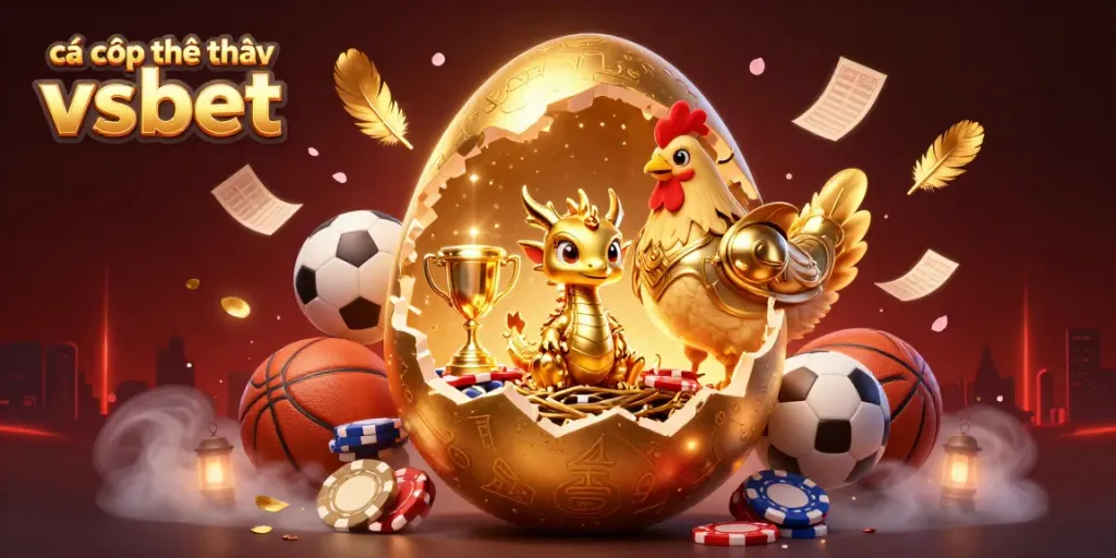 Cá cược thể thao vsbet showcases a vibrant illustration featuring a golden dragon with poker chips and sports elements.