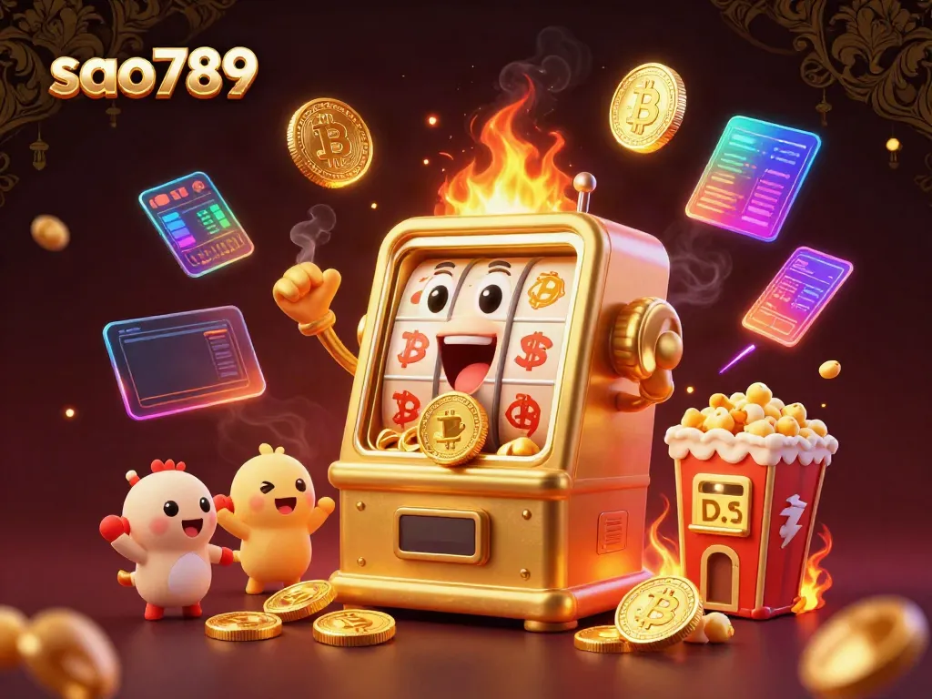 Spark winning excitement at sao789 with the joyful slot machine and glowing cryptocurrency elements.