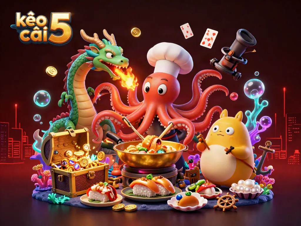 Experience the thrill of betting with kèo nhà cái 5 as characters prepare delicious dishes amidst an underwater treasure hunt.