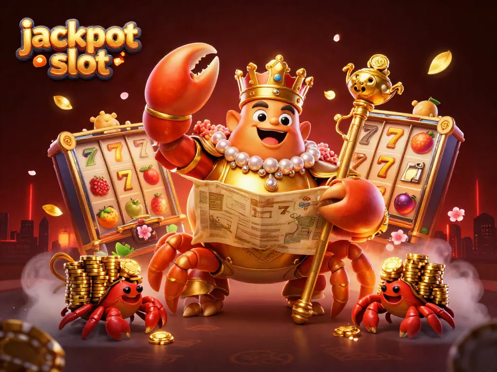 Experience the excitement of jackpot slots with a dynamic 3D scene of a golden crab emperor amidst vibrant gaming symbols.