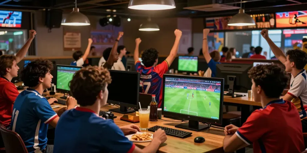 Fans celebrating at a lively sports venue while watching high-definition matches on CakhiaTV.