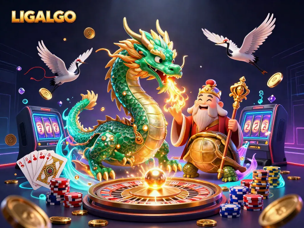 LIGALGO showcases an exciting casino scene with a jade dragon, wise turtle sage, and lucky cranes amidst sparkling elements.