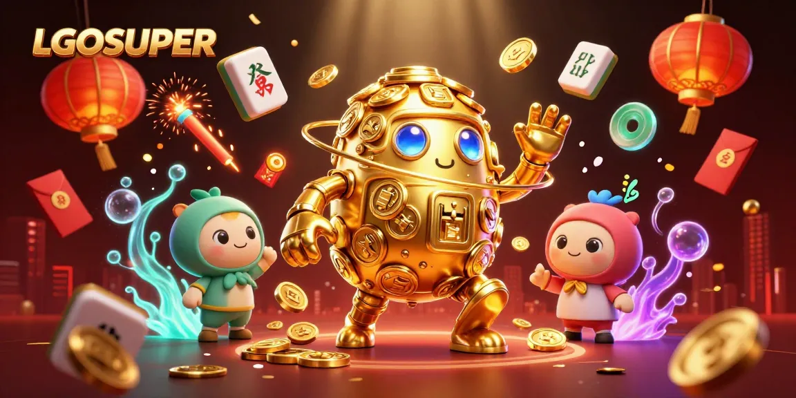 Experience fast gaming with LGOSUPER's golden golem amidst vibrant casino elements, including slot symbols and fireworks.