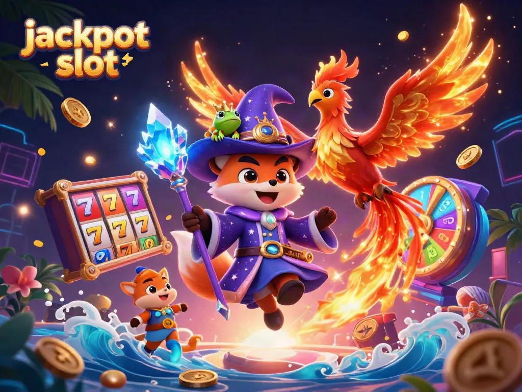 Experience thrilling jackpot slot action with vibrant 3D characters and elements in an engaging casino scene.