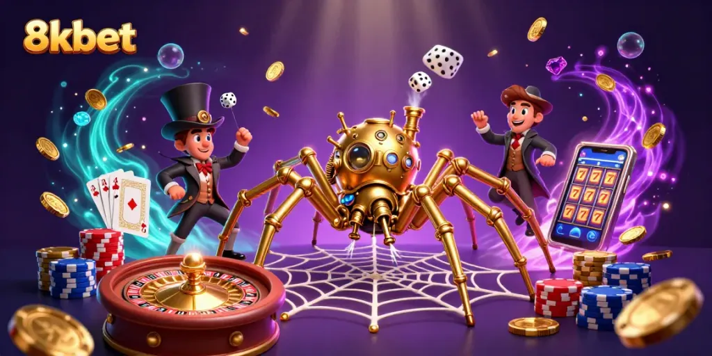 Engage with thrilling 8xbet gameplay featuring a steampunk spider and vibrant casino elements.