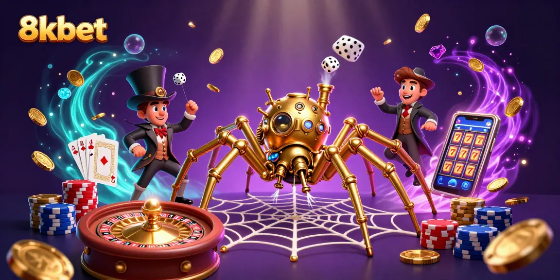 Engage with thrilling 8xbet gameplay featuring a steampunk spider and vibrant casino elements.