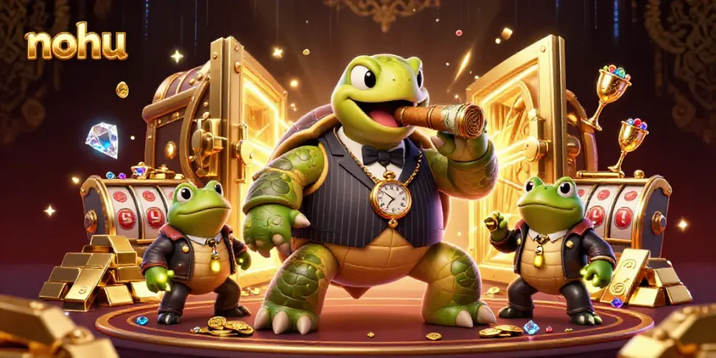 Engaging scene of the nohu casino with a turtle mobster and bullfrog enforcers celebrating a jackpot.