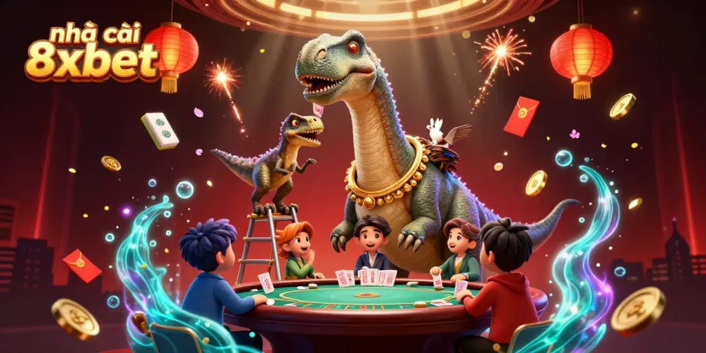 Experience exciting gameplay at nhà cái 8xbet with vibrant casino action featuring a brontosaurus.