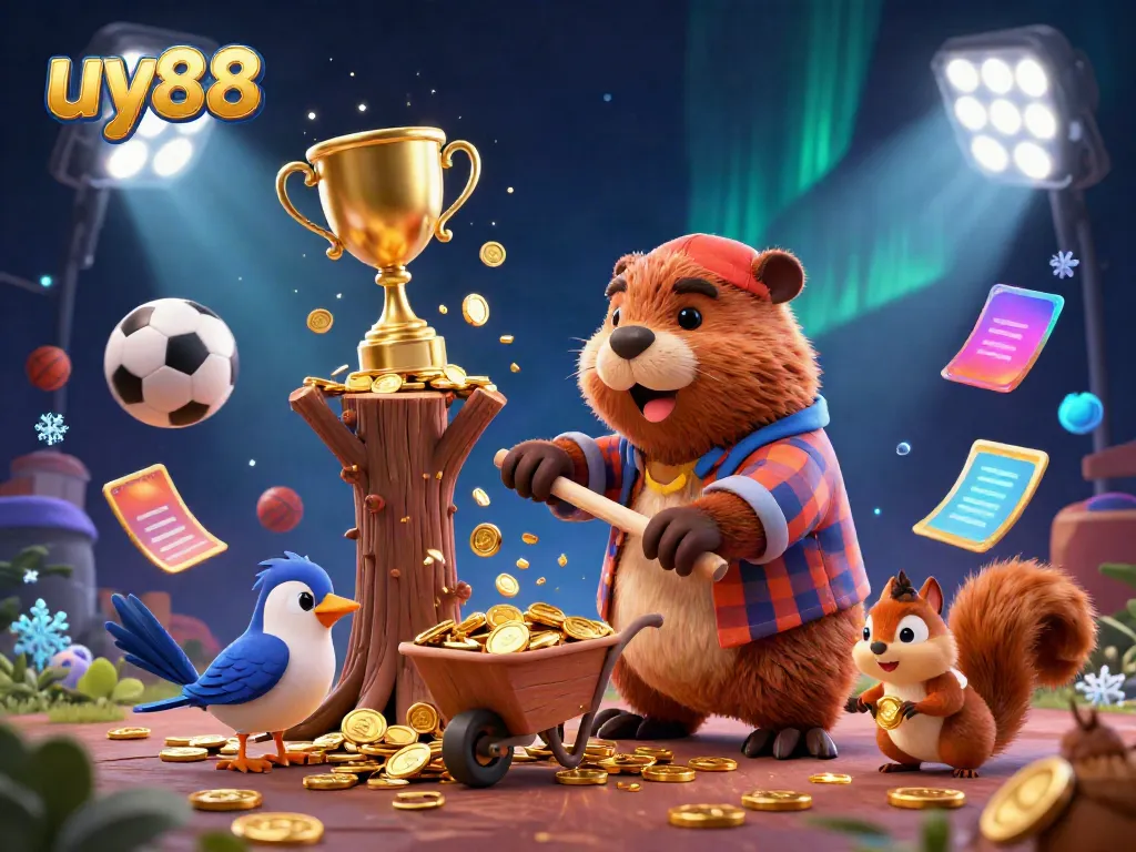 Engage with uy88's dynamic gaming universe as our charming cartoon beaver chops a tree raining gold coins amidst lively sports action!
