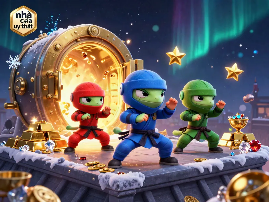 Dynamic scene of the ninja chameleon team showcasing nhà cái uy tín with golden treasure elements and vibrant casino visuals.