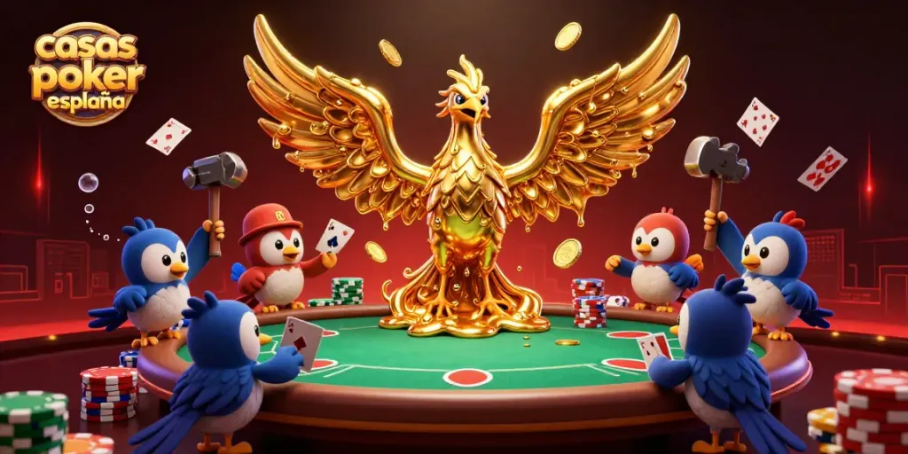 Juega al póker en casas de poker online España con un emocionante ambiente lleno de fichas y cartas flotantes.