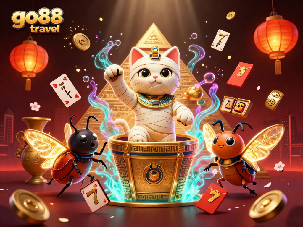 Experience the lively go88 travel scene with a mummy cat and casino symbols bursting with excitement.