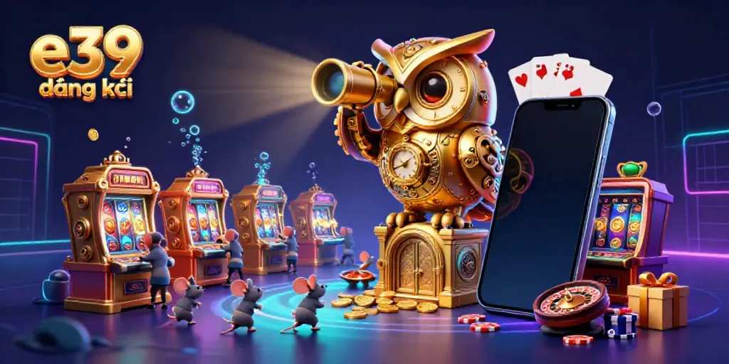 Engage with thrilling gameplay in e39 đăng ký as cartoon owls watch over vibrant slot machines in a colorful casino.