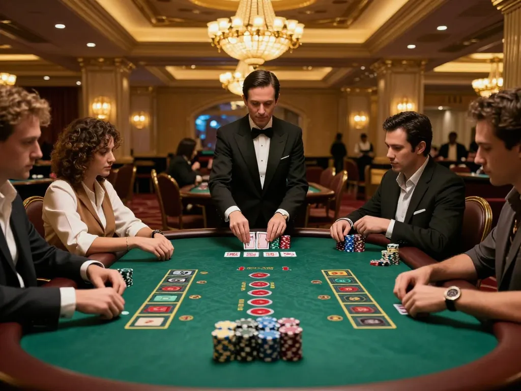 77WIN blackjack excitement featuring focused players and strategic betting at an elegant casino table.