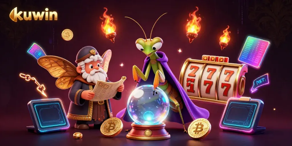 Engage with kuwin's slot games amid vibrant characters and crypto elements.
