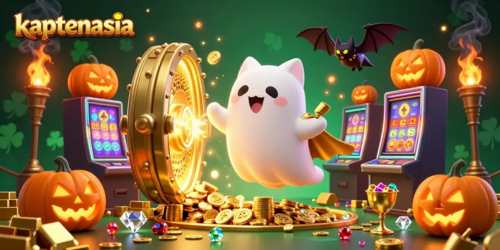 Join kaptenasia's ghostly game adventure in a dazzling casino filled with slot machines.