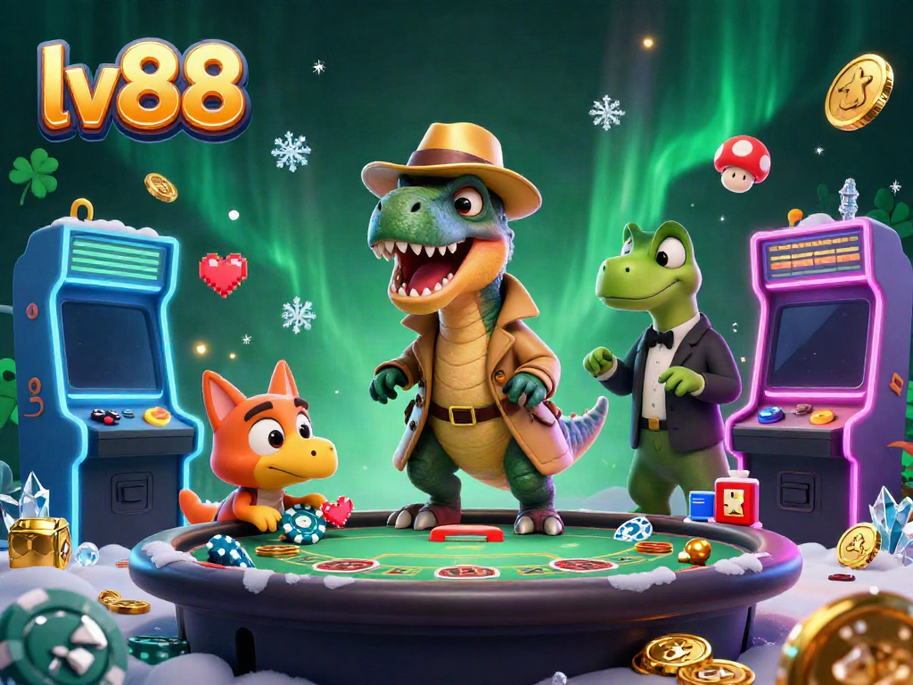 Experience thrilling gameplay at lv88, featuring a clever velociraptor card counter amidst a lively casino setting.