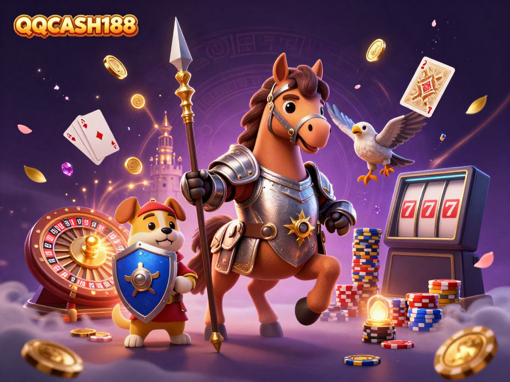 Experience QQCASH188's thrilling gameplay with dazzling coins, a knight, and casino excitement.