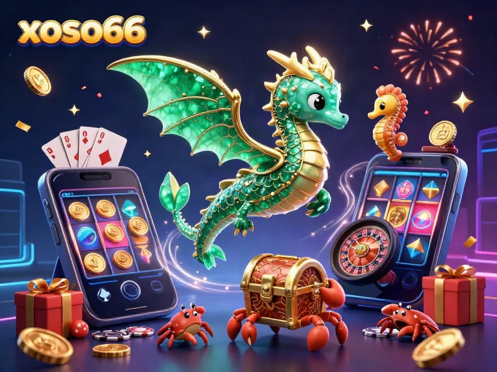 Experience the excitement of xoso66 with a vibrant 3D illustration of gaming elements, a sea dragon, and festive details.
