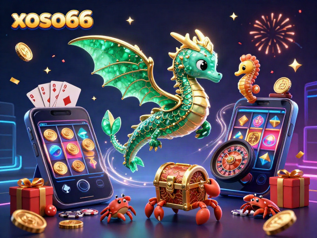 Experience the excitement of xoso66 with a vibrant 3D illustration of gaming elements, a sea dragon, and festive details.