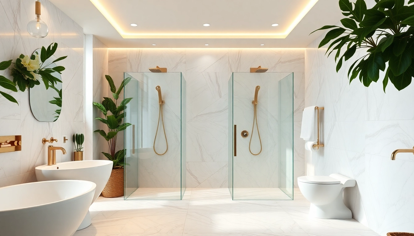 Experience beautiful elegant showers in a modern luxury bathroom with sleek fixtures and warm lighting.
