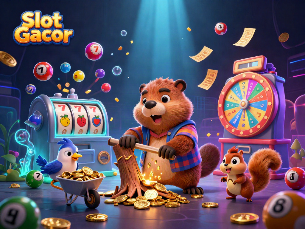 Exciting Slot Gacor scene featuring cartoon beaver, bird, and squirrel amidst coins and jackpot elements.