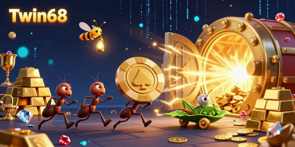 Experience the excitement of Twin68 with ants carrying a giant poker chip through a sparkling treasure tunnel.