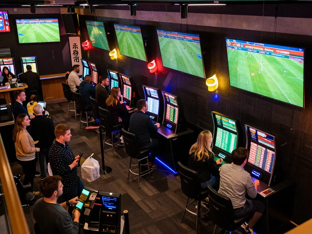 Betting strategies in action with enthusiastic sports fans analyzing odds at the sports venue.
