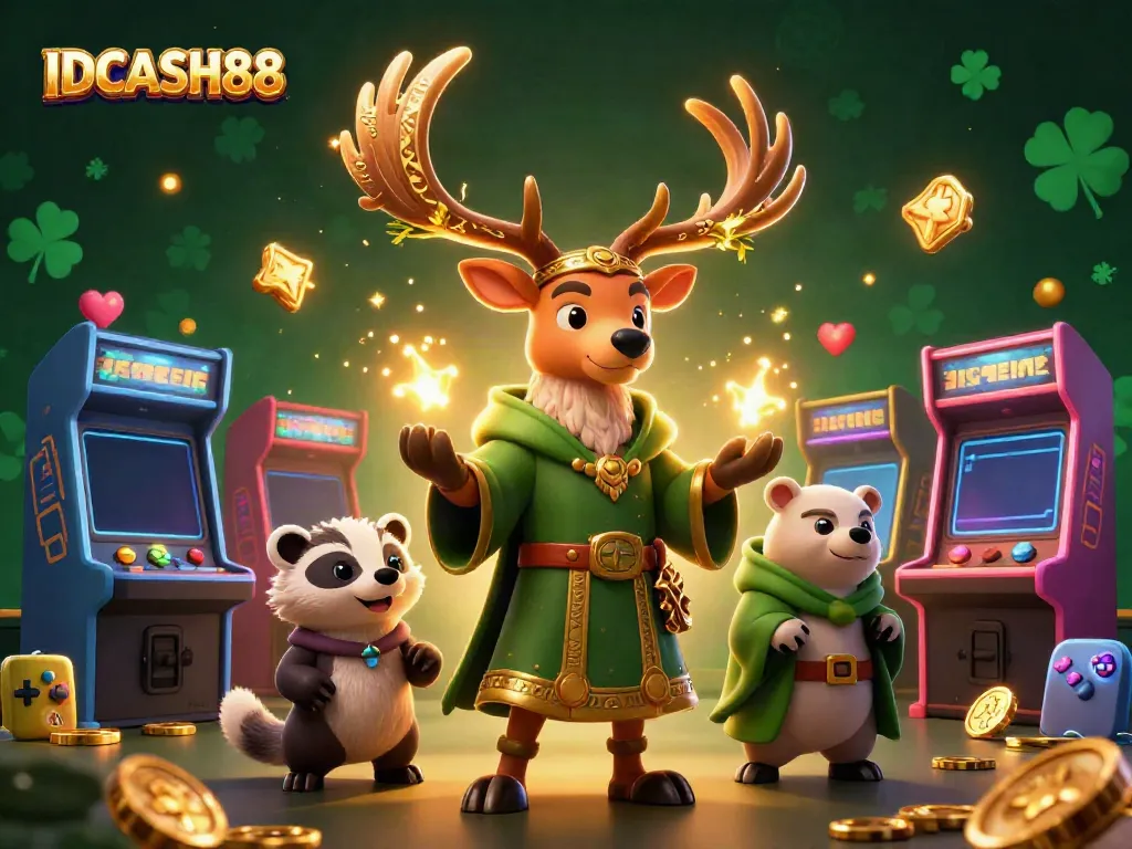 Experience exciting games with IDCASH88 featuring a Celtic druid and badger in a vibrant casino scene.