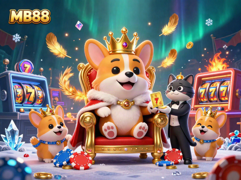 Win big with MB88's royal corgi mascot in a vibrant casino setting.