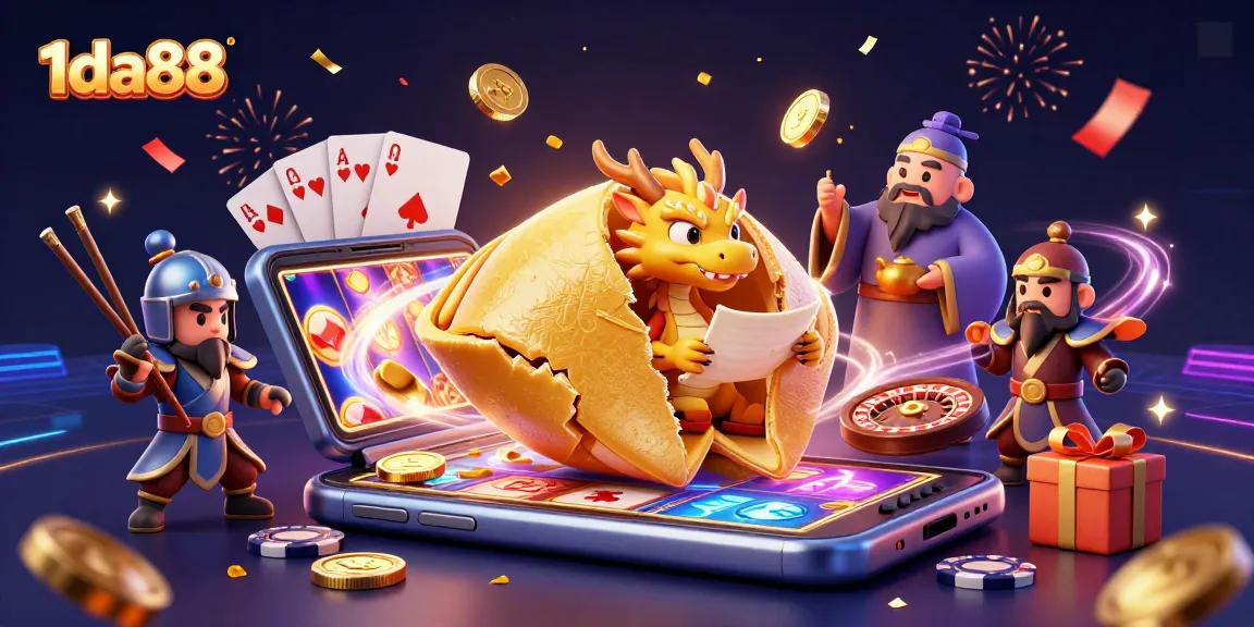 Experience exciting wins at 1da88 with a colorful casino-themed digital illustration.