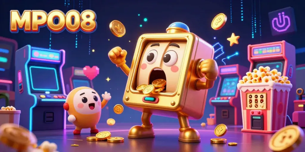 Experience the excitement of MPO08 as a golden slot machine hits a jackpot, surrounded by cheering baby slots and arcade games.