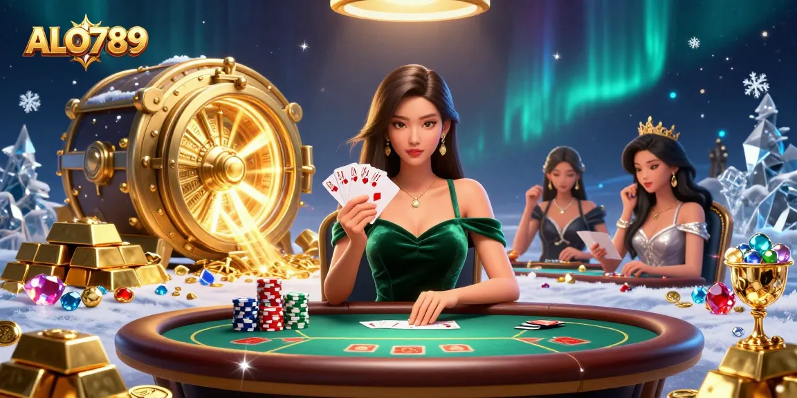 Play poker at ALO789 with stunning visuals of a beautiful Asian woman at a luxury table