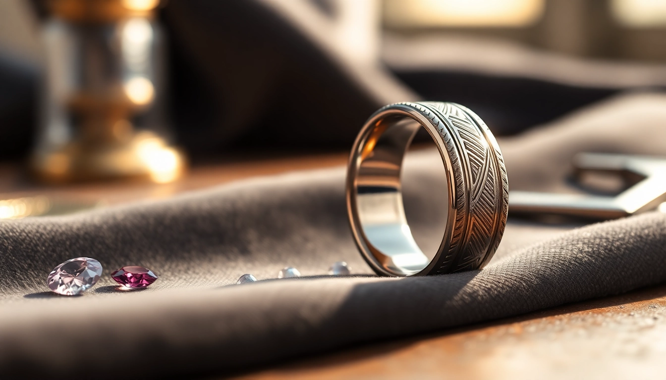 Close-up of polished tungsten rings showcasing intricate engravings and luxurious shine.