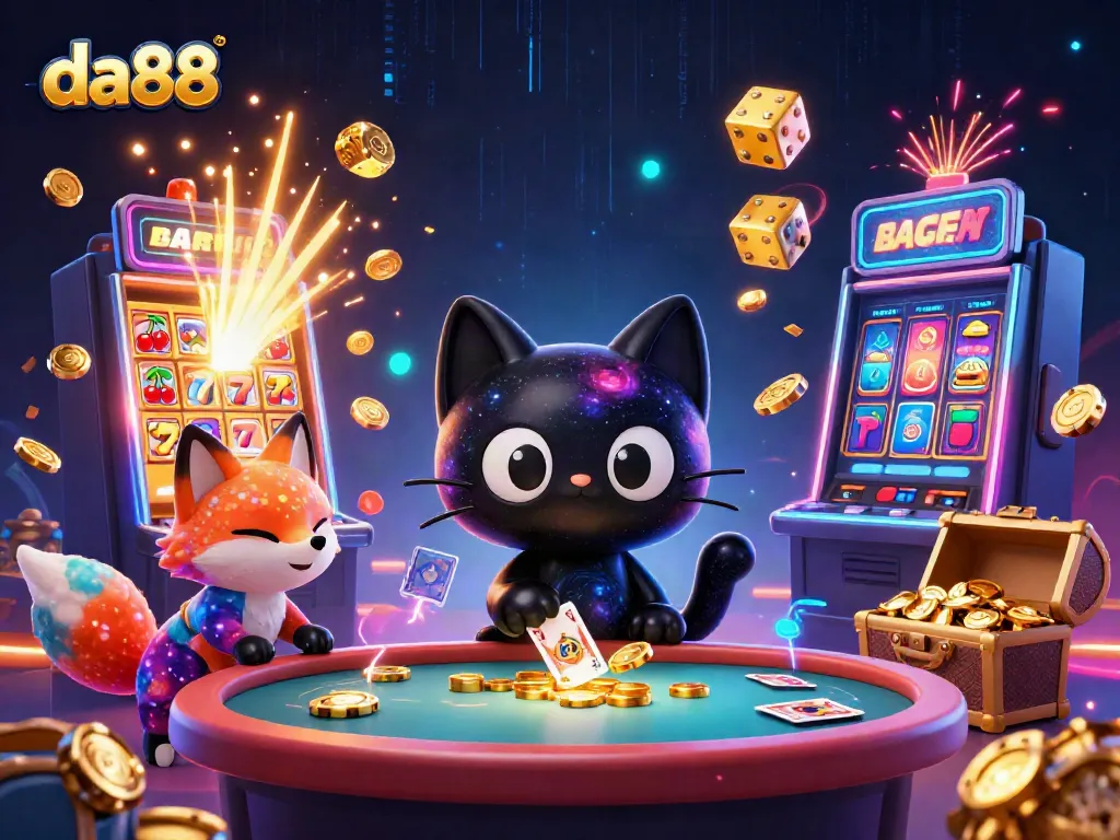 Join the excitement at da88’s cosmic casino with a black hole cat and a nebula fox, surrounded by bursting jackpots.