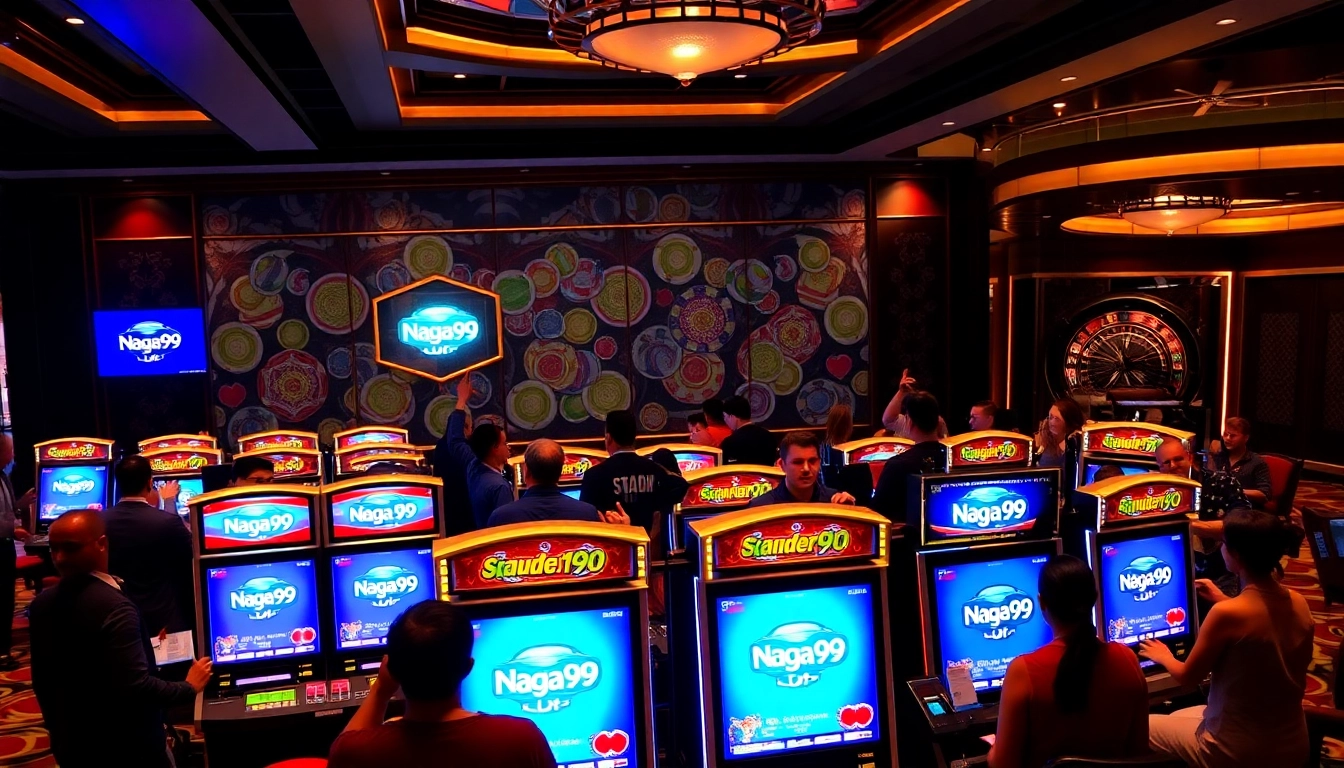 Players engaged at Naga99 slot machines with vibrant visuals and casino atmosphere.