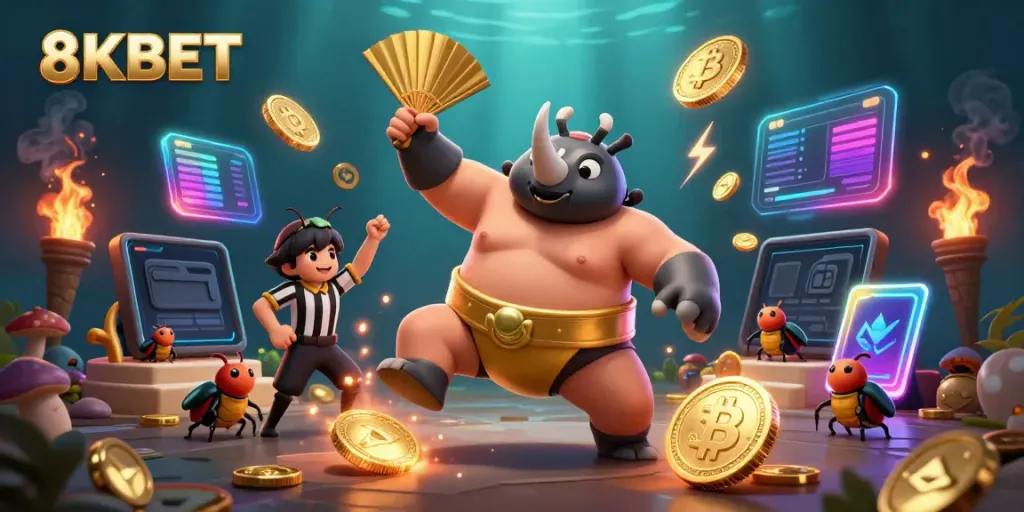 Experience the thrilling world of 8KBET with a vibrant scene featuring cartoon beetle champion in action.