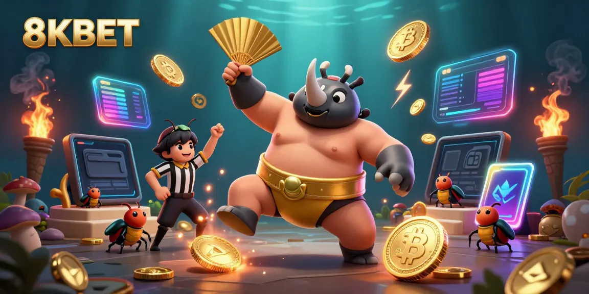 Experience the thrilling world of 8KBET with a vibrant scene featuring cartoon beetle champion in action.