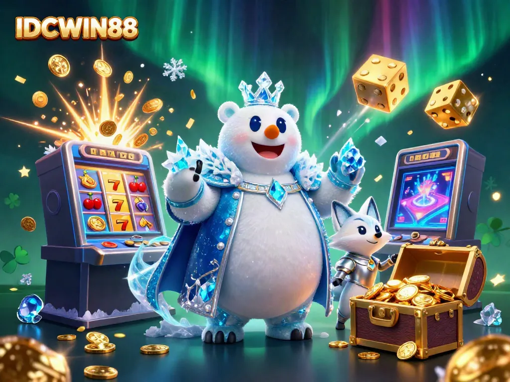 Experience the excitement of IDCWIN88 with the ice king and snow fox amidst colorful casino elements.