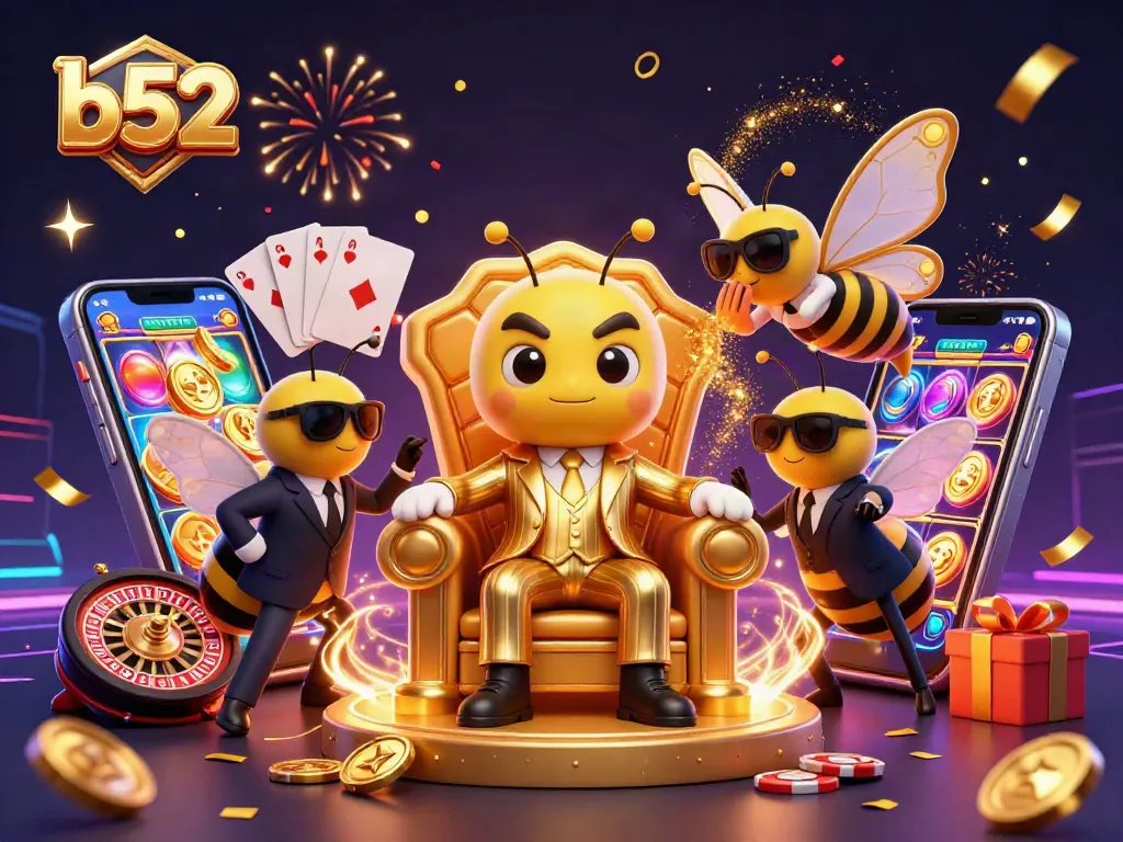 B52 gaming illustration featuring a mob boss bumblebee overseeing exciting casino games, with vibrant slot reels and golden coins.