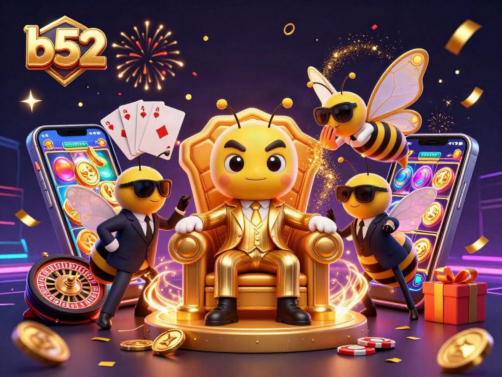 B52 gaming illustration featuring a mob boss bumblebee overseeing exciting casino games, with vibrant slot reels and golden coins.