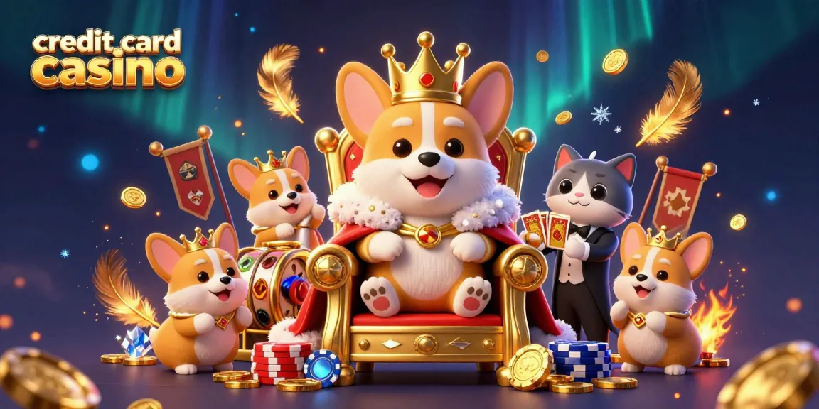 Experience the vibrant world of credit card casinos with a royal corgi and gaming elements.