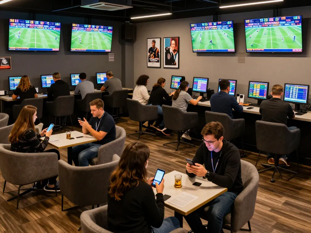 Kèo nhà cái in action as sports enthusiasts check odds and place bets in a lively betting lounge.