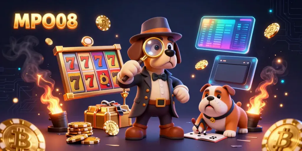 MPO08 casino scene featuring a detective dog examining poker chips, surrounded by glowing slots and crypto coins, promoting gaming excitement.