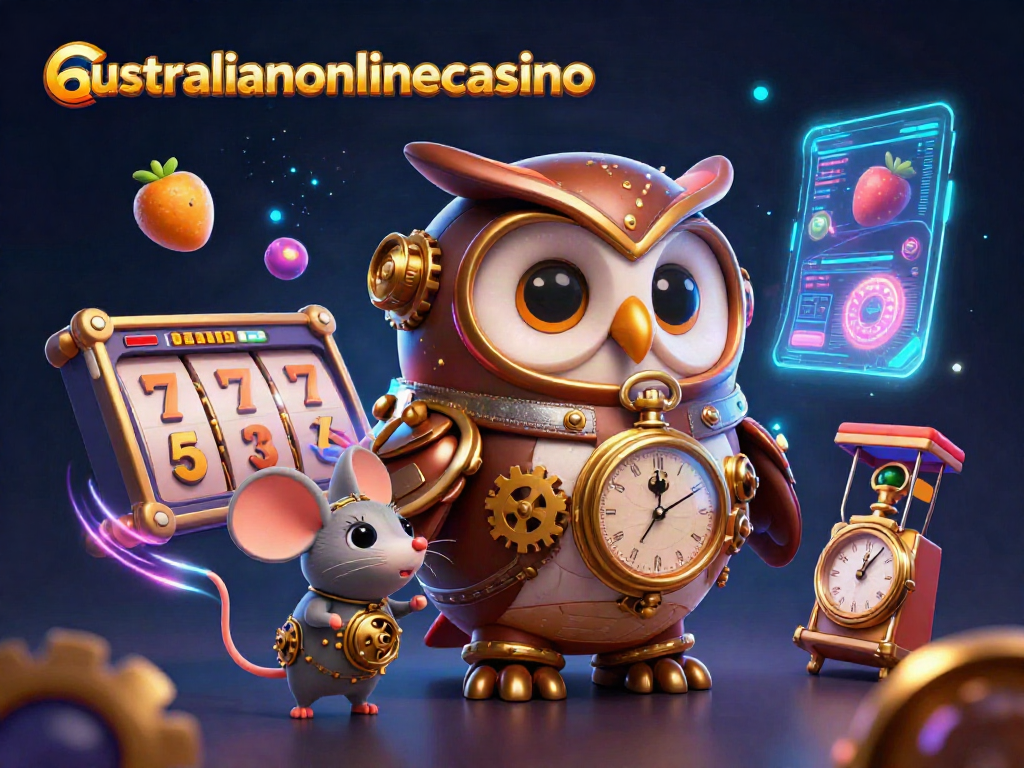 Play exciting slots at australianonlinecasino with 3D cartoon owl and game elements in dynamic casino scene.