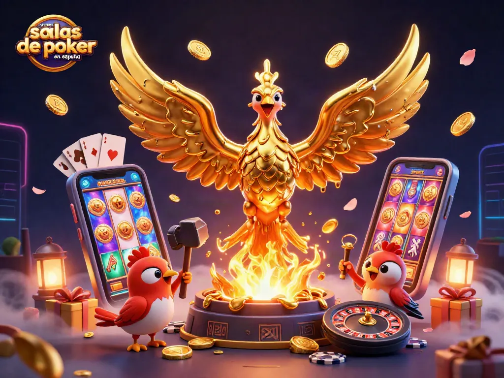 Ilustración dinámica de nuevas salas de póker online en España con un fénix dorado y elementos de juego.