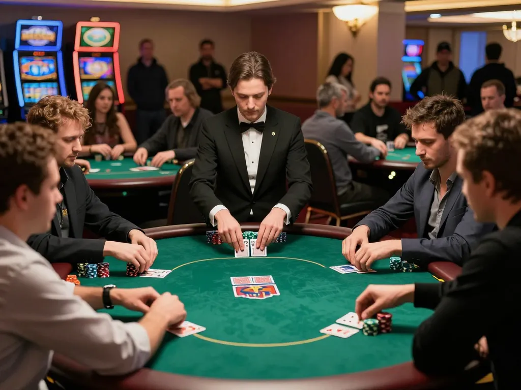 Engaged players at a KP88 poker game, showcasing competitive gameplay and a vibrant casino atmosphere.