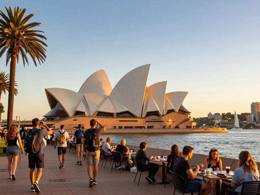 Tourists enjoying the iconic Sydney Opera House and stunning views of Australia.