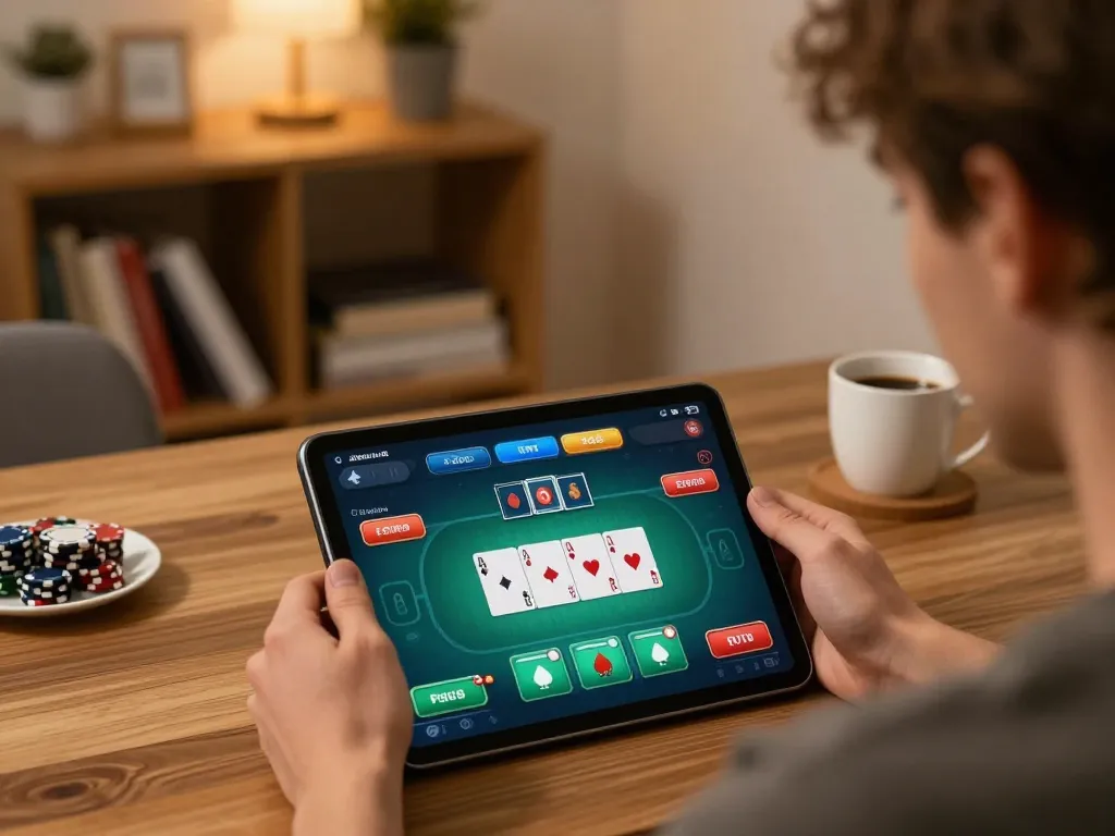 Engage in a 집중적인 rik vip poker experience on a tablet, showcasing strategic gameplay.