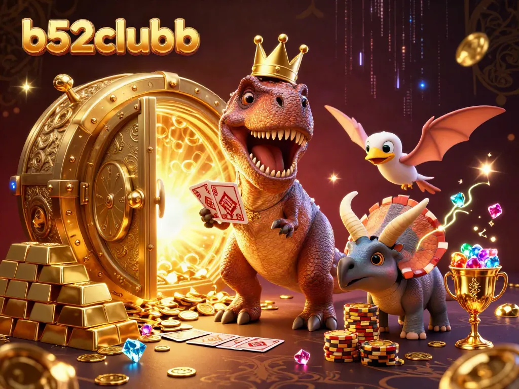 B52clubb features a cartoon T-Rex and friends celebrating with casino chips and cards in a vibrant 3D illustration.